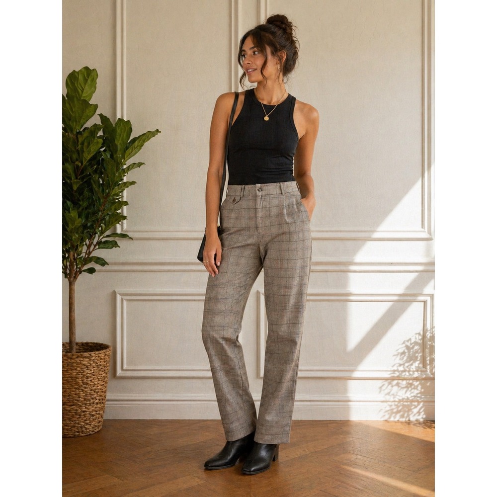 Talbots Heritage Glen Plaid Straight Leg Dress Pants Brown‎ Tan Red 14W P51